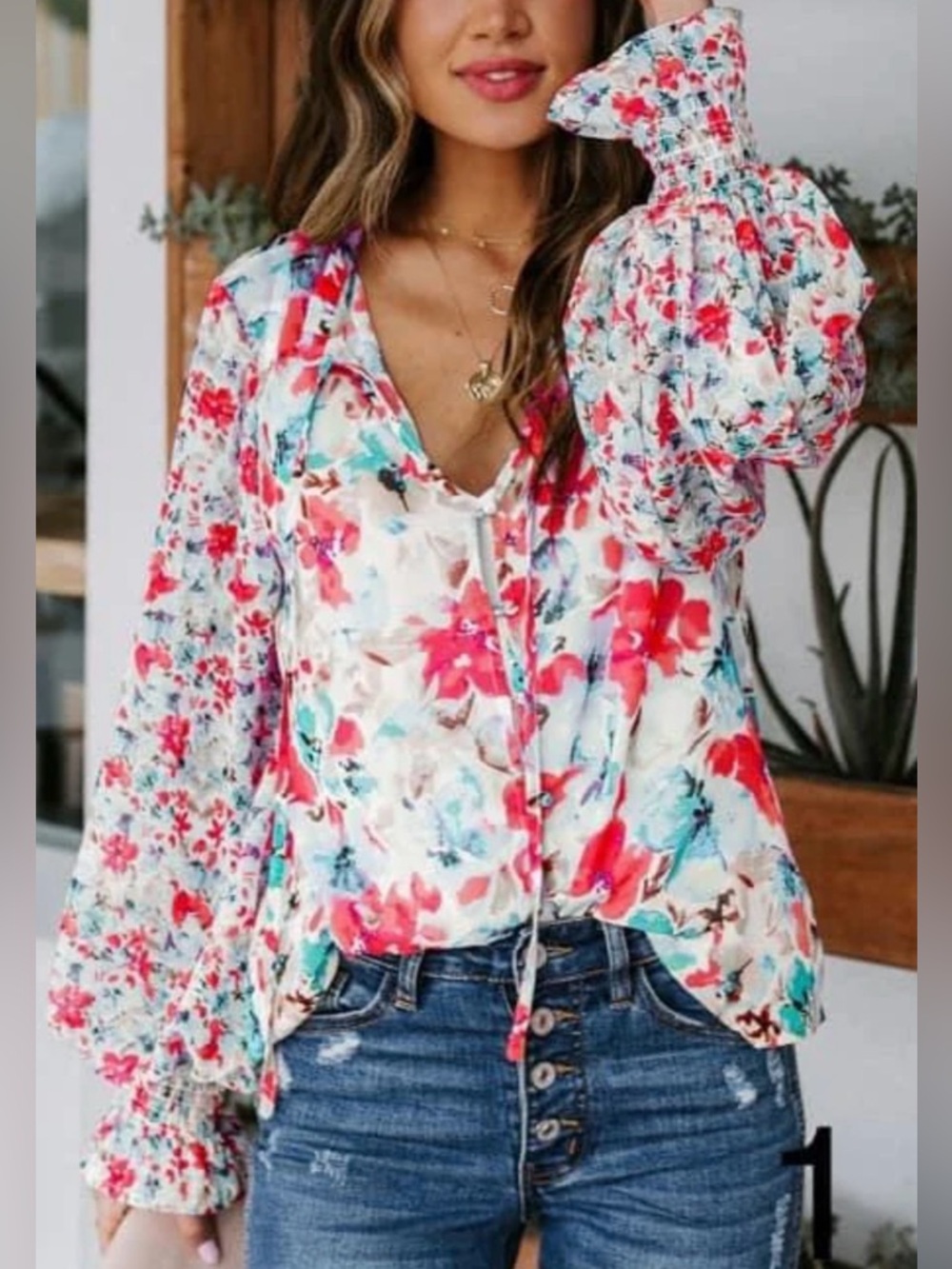 Casual Boho Floral Print Long Sleeve Button Down Blouse Top